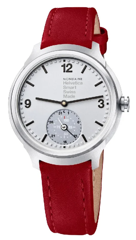 men's watches with interchangeable leather bands for versatile looks -Mondaine Helvetica No1 Bold Stainless Steel Mens Smartwatch Red Leather Strap MH1.B2S80.LC