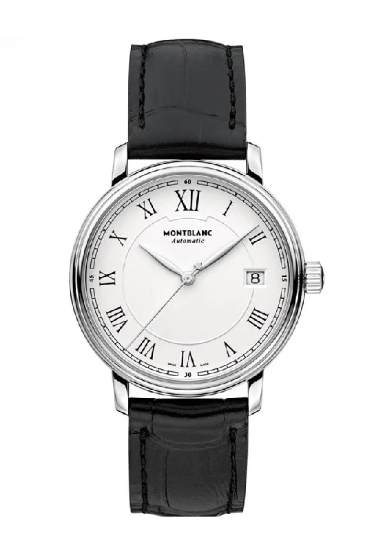 women’s watches with interchangeable leather and metal straps -Montblanc Tradition White Dial Date Black Leather Strap Automatic Mens Watch 112609