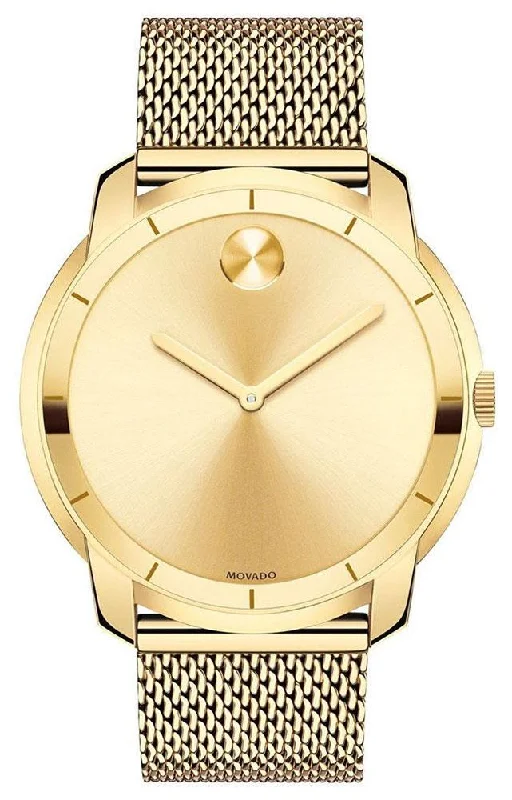 best smartwatches for women with fitness tracking and GPS -Movado Bold Gold-Tone Stainless Steel Gold Dial Mesh Band Quartz Mens Watch 3600373