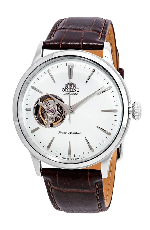 watches for women with elegant bracelet bands and silver accents -Orient Contemporary Classic Automatic Open Heart White Dial Brown Leather Strap Mens Watch RA-AG0002S10B