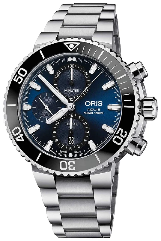 men’s watches with multi-function chronograph and date -Oris Aquis Automatic Chronograph Stainless Steel Blue Dial Date Divers Mens Watch 774 7743 4155-MB