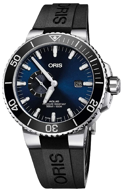 women’s watches with rose gold and pearl accents -Oris Aquis Automatic Stainless Steel Black Rubber Strap Blue Dial Date Divers Mens Watch 743 7733 4135-RS