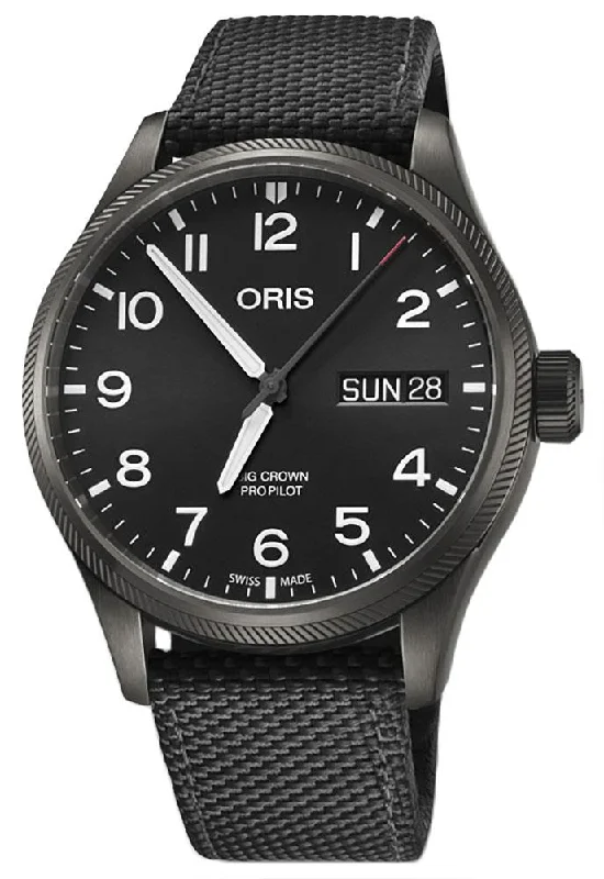 women's sport watches with GPS and heart rate monitoring -Oris Big Crown ProPilot Automatic Black Textile Strap Grey PVD Black Dial Day-Date Mens Watch 752 7698 4264-FS