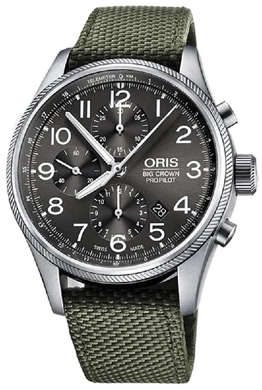 premium watches for men with minimalist design and leather straps -Oris Big Crown ProPilot Automatic Chronograph Green Textile Strap Grey Dial Date Mens Watch 774 7699 4063-FS-Green