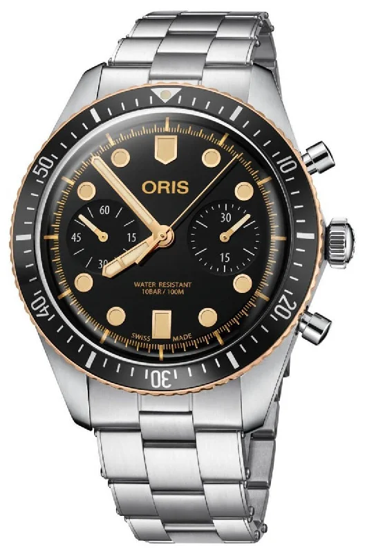 women’s watches with rose gold and pearl accents -Oris Divers Sixty-Five Automatic Chronograph Stainless Steel Black Dial Mens Watch 771 7744 4354-MB