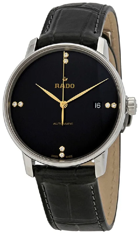 men's watches with ceramic and rubber straps for added comfort -Rado Coupole Classic L Black Dial Black Leather Strap Automatic Mens Watch R22860715