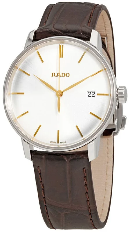 smartwatches for men with full touch screen and health tracking -Rado Coupole L Silver Dial Brown Leather Strap Quartz Mens Watch R22864035