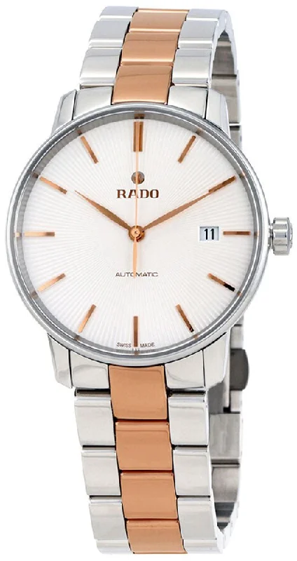 affordable smartwatches for women with customizable watch faces -Rado Coupole Two Tone Stainless Steel Ceramos Silver Dial Date Automatic Mens Watch R22860022