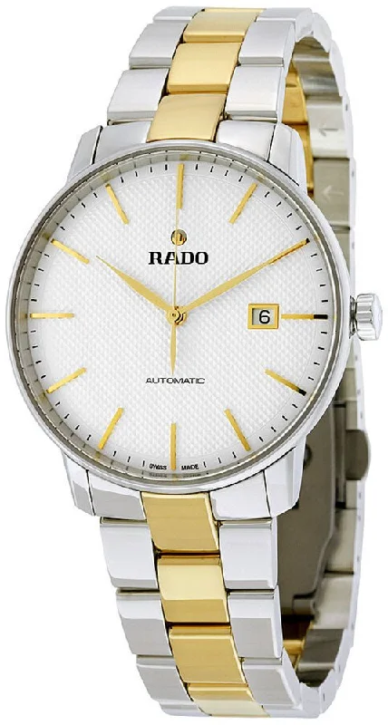 luxury sport watches with durable metal bands for men -Rado Coupole White Dial Date Two Tone Stainless Steel Ceramos Automatic Mens Watch R22876032