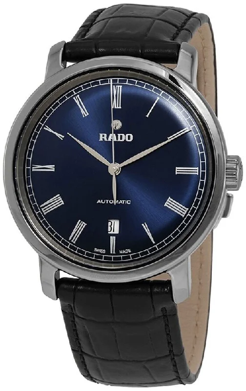 men's watches with simple and functional design and durable bands -Rado DiaMaster Plasma Ceramic Blue Dial Date Black Leather Strap Automatic Mens Watch R14806206