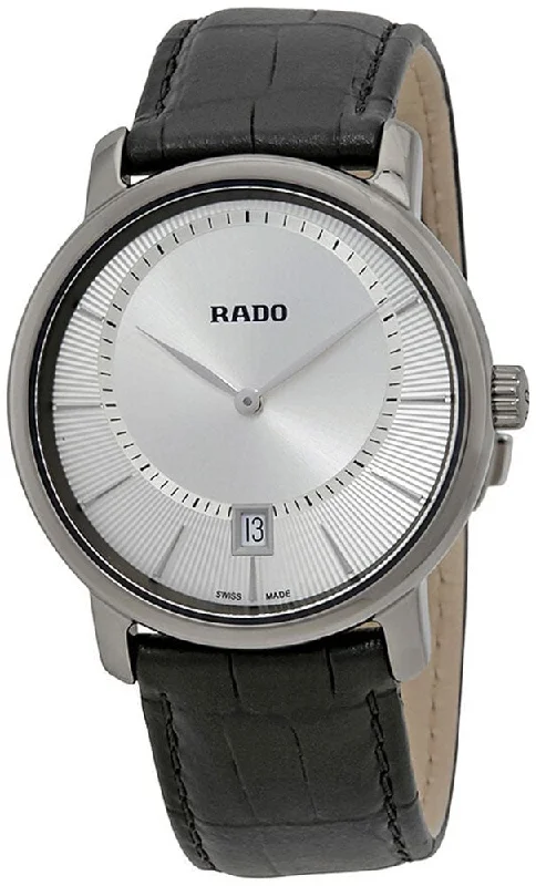 men's watches with leather straps and classic black dial -Rado DiaMaster Plasma Ceramic Silver Dial Date Black Leather Strap Quartz Mens Watch R14135106