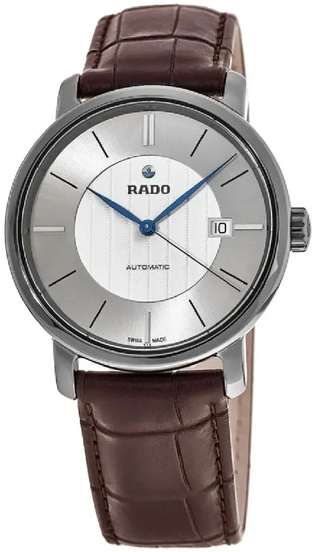 women’s watches with adjustable bands and multi-colored faces -Rado DiaMaster XL Plasma High-Tech Ceramic Automatic Silver Dial Date Brown Strap Mens Watch R14074126