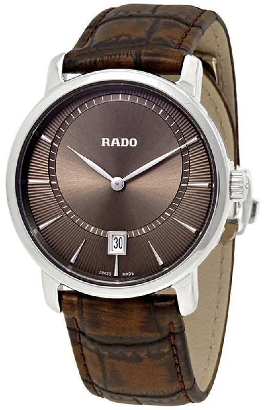 men’s sport watches with multi-function GPS and heart rate -Rado Diamaster XL Silver Tone Ceramic Brown Dial Brown Leather Strap Quartz Mens Watch R14135306