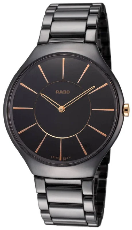 high-tech sport watches for men with step counter and GPS -Rado True Thinline Black Ceramic Black Dial Quartz Mens Watch R27741152