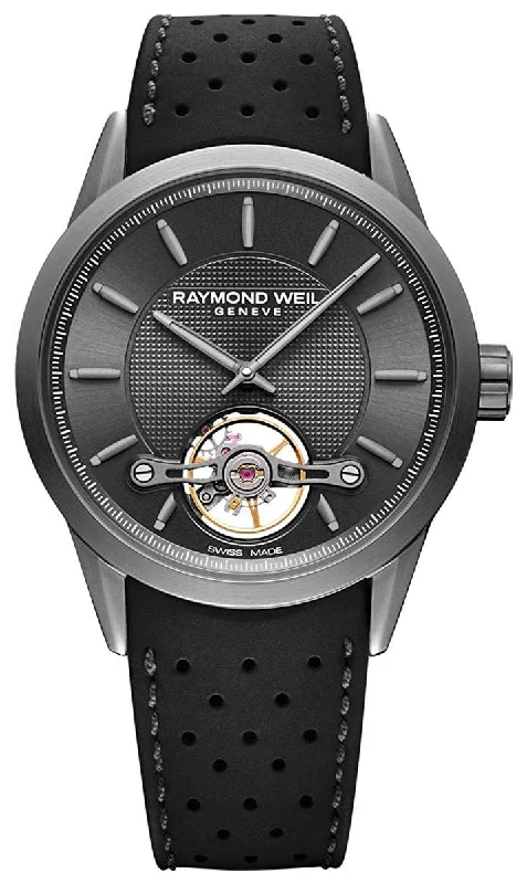 elegant watches for men with unique round cases -Raymond Weil Freelancer Automatic Grey PVD Black Rubber Strap Grey Dial Mens Watch 2780-TIR-60001