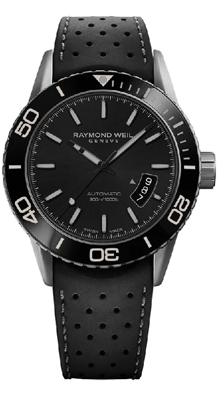 best men's watches with durable rubber straps -Raymond Weil Freelancer Grey PVD Steel Automatic Mens Watch Perforated Black Rubber Strap 2760-TR1-20001