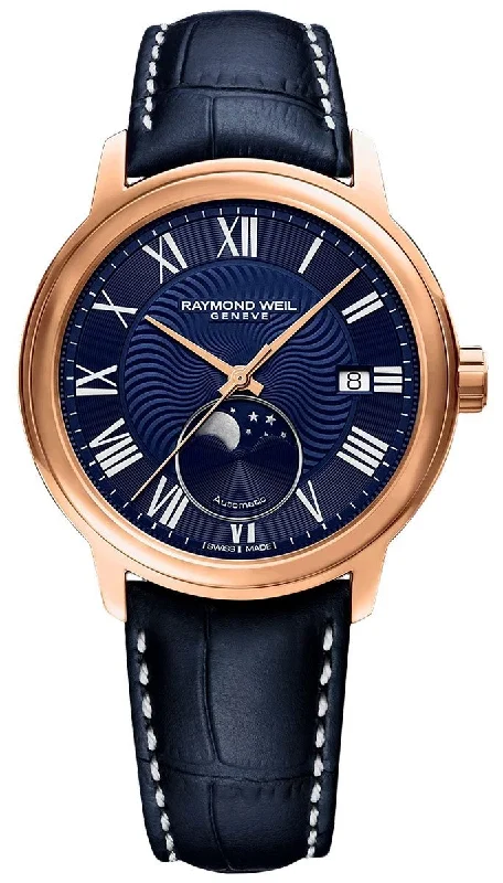 fitness-focused smartwatches for women with GPS and tracking -Raymond Weil Maestro Automatic Rose Gold PVD Blue Leather Strap Blue Dial Moonphase Date Mens Watch 2239-PC5-00509