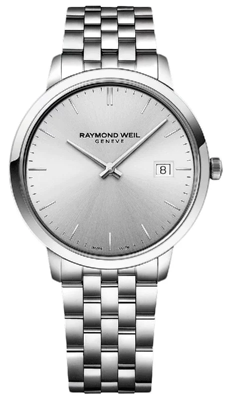 smartwatches with stress level tracking for women -Raymond Weil Toccata Stainless Steel Silver Dial Date Quartz Mens Watch 5585-ST-65001