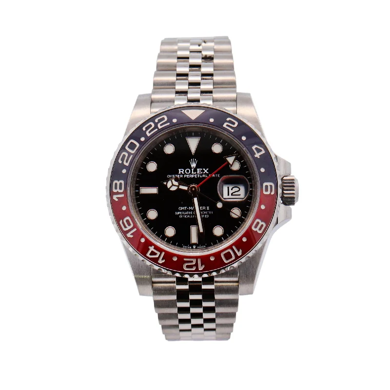 men’s watches with leather straps and classic round dials -Rolex GMT-Master II 40mm Black Dial Watch Ref# 126710BLRO