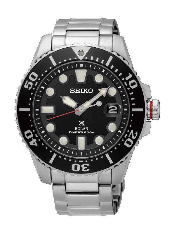 durable watches for men with rugged designs -Seiko Prospex Diver Stainless Steel Black Dial Date Solar Mens Watch SNE551P1