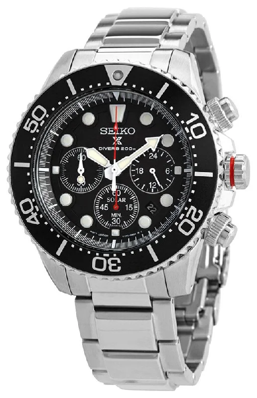 elegant watches for men with leather bands and silver cases -Seiko Prospex Solar Chronograph Stainless Steel Black Dial Date Divers Mens Watch SSC779P1