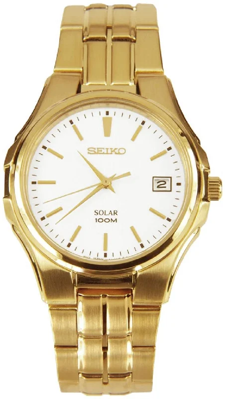 watches for women with polished metal and sapphire crystal -Seiko Solar White Dial Date Gold Tone Steel Mens Watch SNE134P1