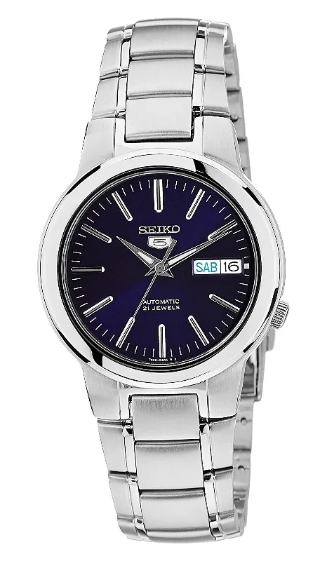 fashion watches for men with carbon fiber dials -Seiko Stainless Steel Seiko 5 Automatic Navy Dial Day Date Mens Watch SNKA05K1