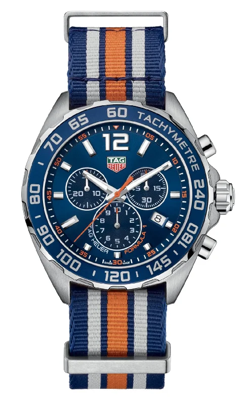 men’s watches with black silicone bands and multi-functional dials -TAG Heuer Formula 1 Chronograph Stainless Steel Nato Strap Blue Dial Date Divers Quartz Mens Watch CAZ1014.FC8196