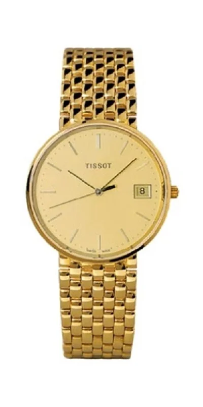 watches for men with rugged, durable design for outdoor activities -Tissot Goldrun 14K Yellow Gold Date Gold-Tone Dial Quartz Mens Watch T73240321