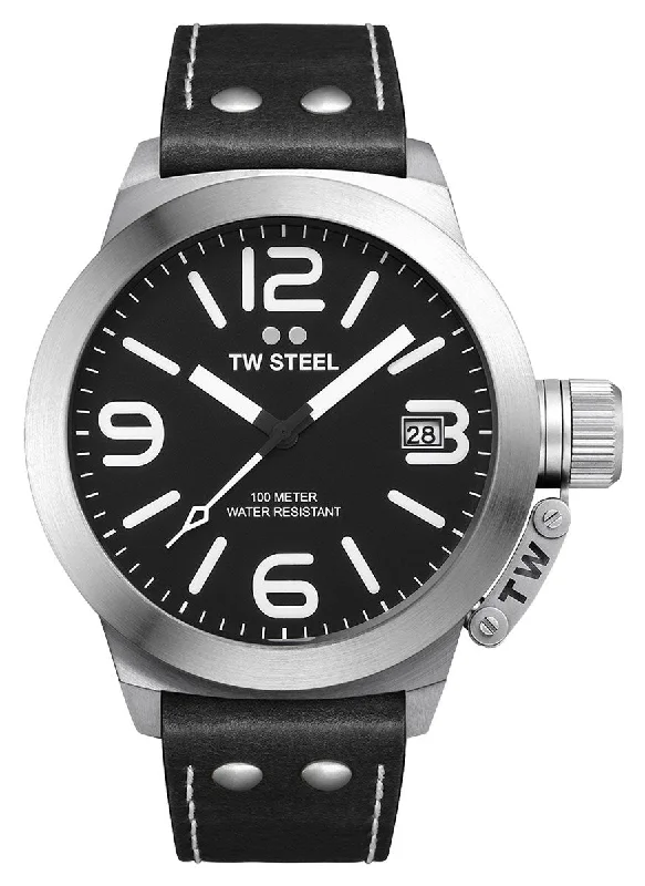 men's watches with comfortable rubber straps and chronograph -TW Steel Canteen Stainless Steel Black Leather Strap Black Dial Date Quartz Mens Watch CS1