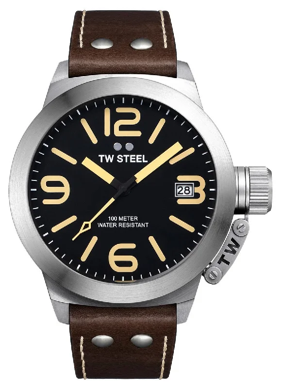 durable watches for men with rugged designs -TW Steel Canteen Stainless Steel Brown Leather Strap Black Dial Date Quartz Mens Watch CS31