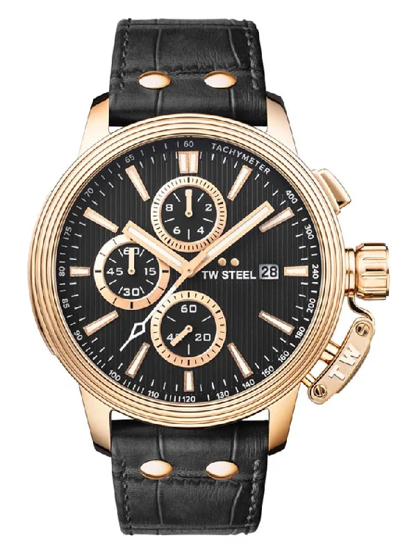 men's watches with titanium cases and leather bands -TW Steel Ceo Adesso Chronograph Rose Gold PVD Black Leather Strap Black Dial Quartz Date Mens Watch CE7012