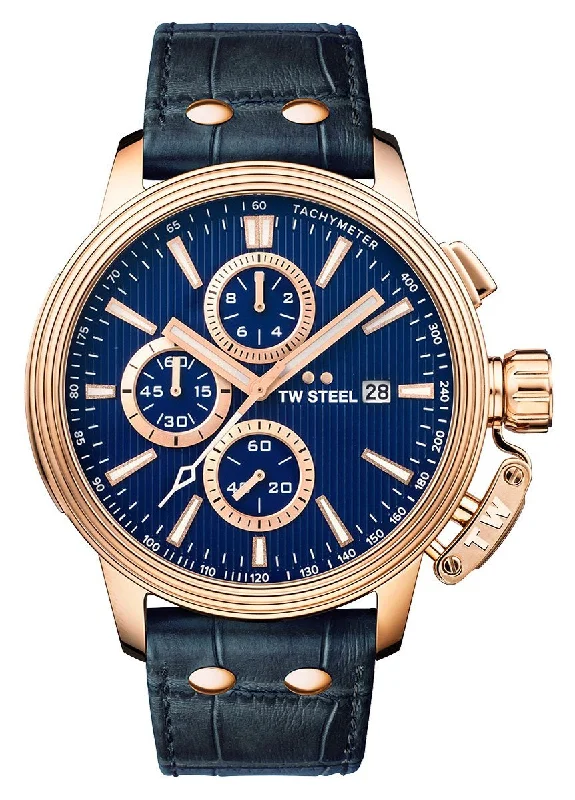 watches for women with delicate designs and slim cases -TW Steel Ceo Adesso Chronograph Rose Gold PVD Blue Leather Strap Blue Dial Quartz Date Mens Watch CE7016