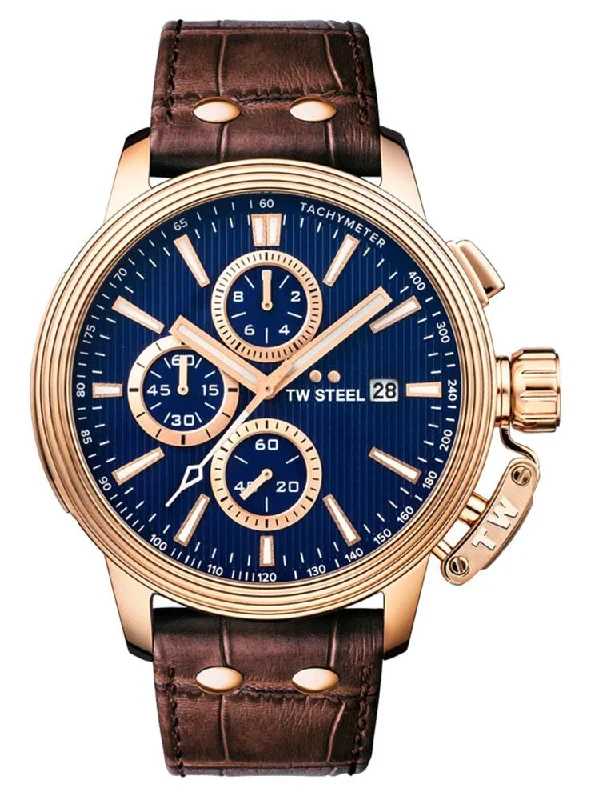 men's watches with ceramic and stainless steel hybrid bands -TW Steel Ceo Adesso Chronograph Rose Gold PVD Brown Leather Strap Blue Dial Quartz Date Mens Watch CE7018