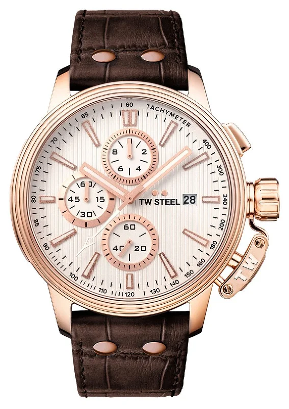 digital watches with pedometer and activity tracking for men -TW Steel Ceo Adesso Chronograph Rose Gold PVD Brown Leather Strap Silver Dial Quartz Date Mens Watch CE7014