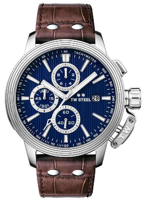 men’s watches with large face and bold metal bands -TW Steel Ceo Adesso Chronograph Stainless Steel Brown Leather Strap Blue Dial Quartz Date Mens Watch CE7010