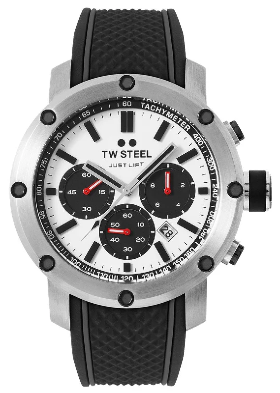 rugged sport watches for men with GPS and compass -TW Steel Grandeur Tech Simeon Panda Limited Edition Chronograph Stainless Steel Black Silicone Strap White Dial Date Quartz Mens Watch TS9