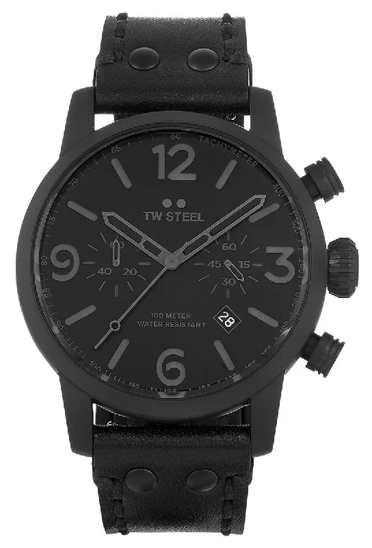 elegant watches for men with unique round cases -TW Steel Maverick Chronograph Black PVD Black Leather Black Dial Date Quartz Mens Watch MS114