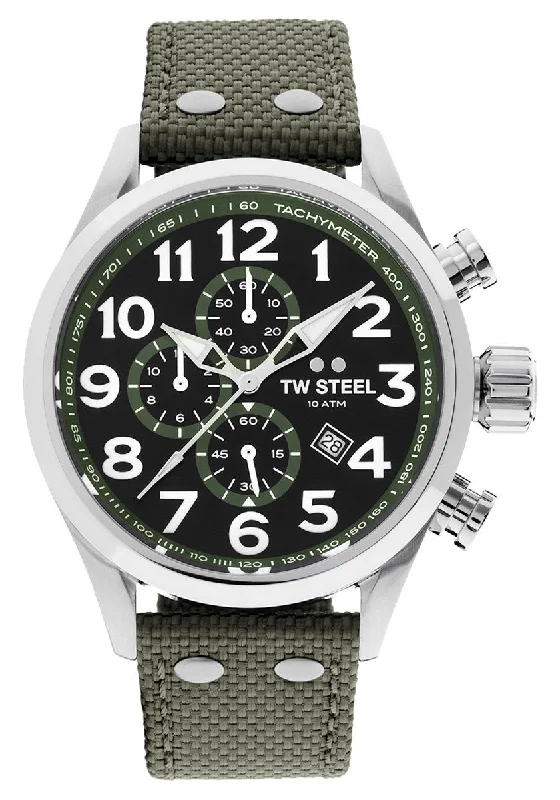 men's watches with high-quality leather and polished finish -TW Steel Volante Chronograph Stainless Steel Green Textile Strap Black Dial Quartz Date Mens Watch VS23