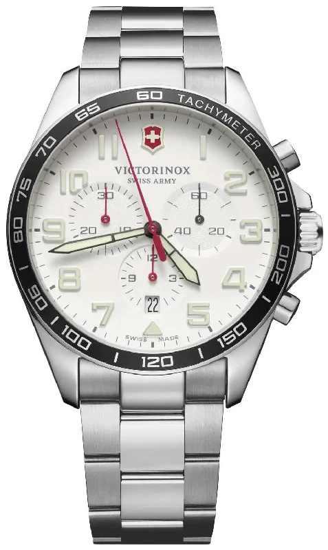 men's watches with comfortable rubber straps and chronograph -Victorinox Swiss Army FieldForce Chronograph  Stainless Steel Mens Watch White Dial Calendar 241856