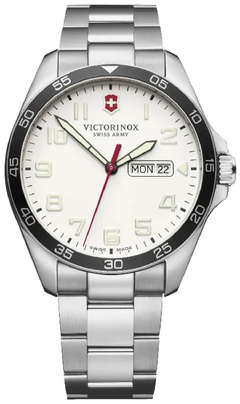 stylish watches for men with two-tone metal and rubber straps -Victorinox Swiss Army FieldForce Stainless Steel Mens Watch White Dial Day Date 241850