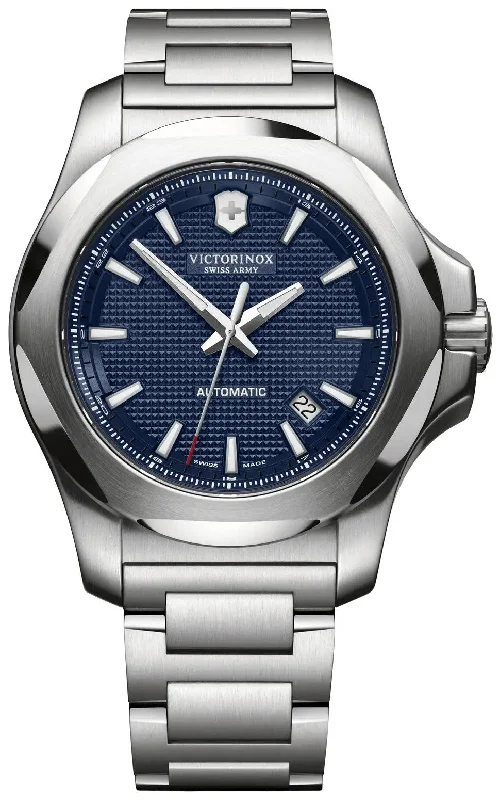 watches for women with delicate designs and slim cases -Victorinox Swiss Army INOX Mechanical Stainless Steel Mens Watch Blue Dial Calendar 241835